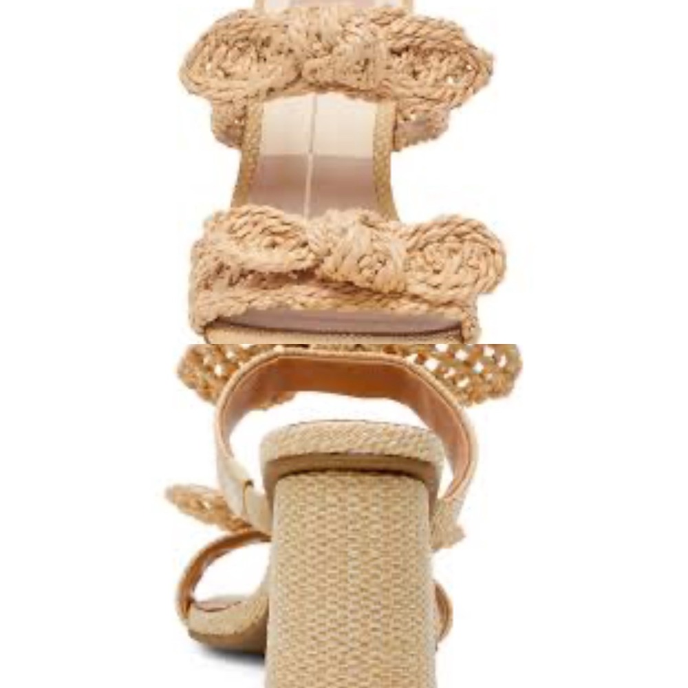 MiiM Los Angeles Woven Raffia Block Heel Sandals Tan Knotted Square Toe Mules 9